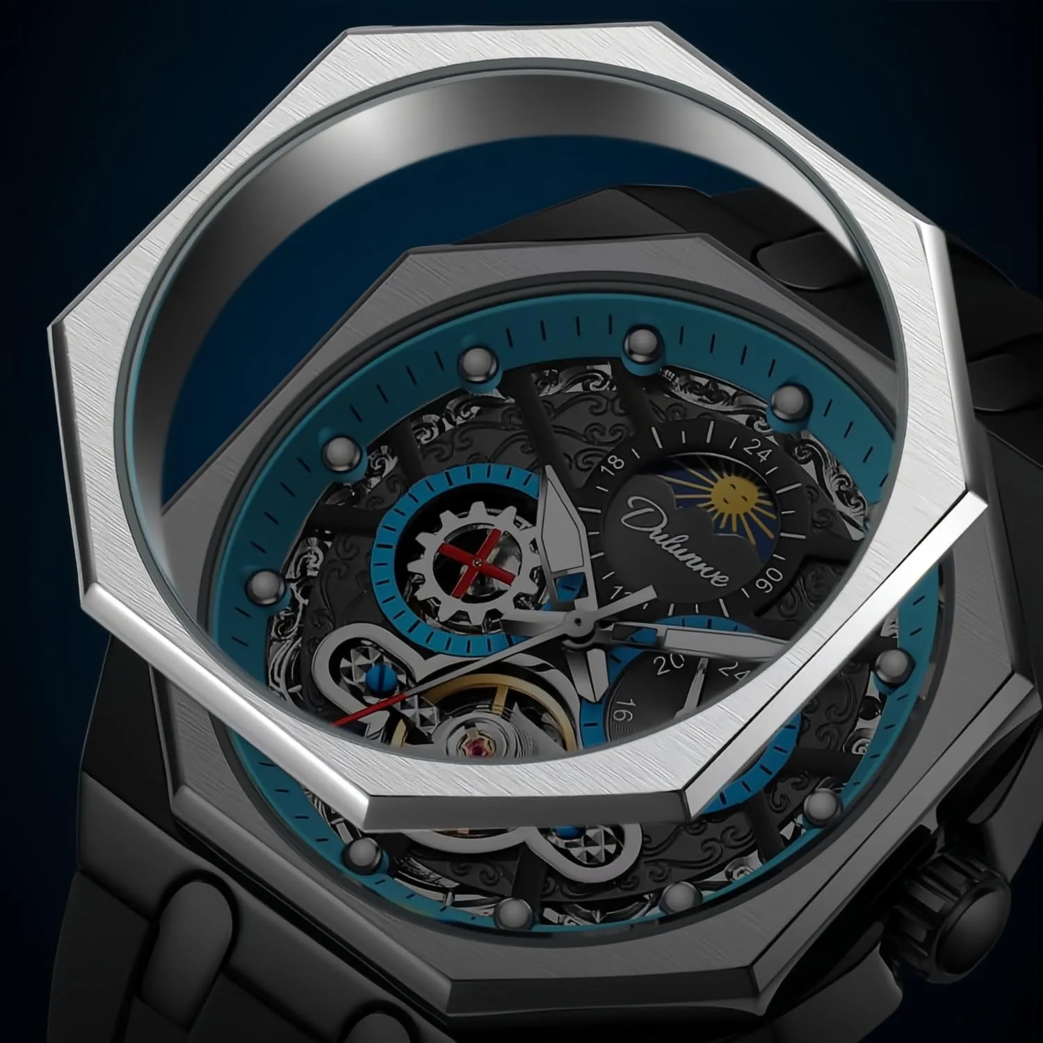 Business Waterproof Wristwatch CARLIEN Men??s Fashion Luxury pertain Automatic Hollowed Octagonal Analog Watch Stainless Steel Moon Phase Luminous Tourbillon 