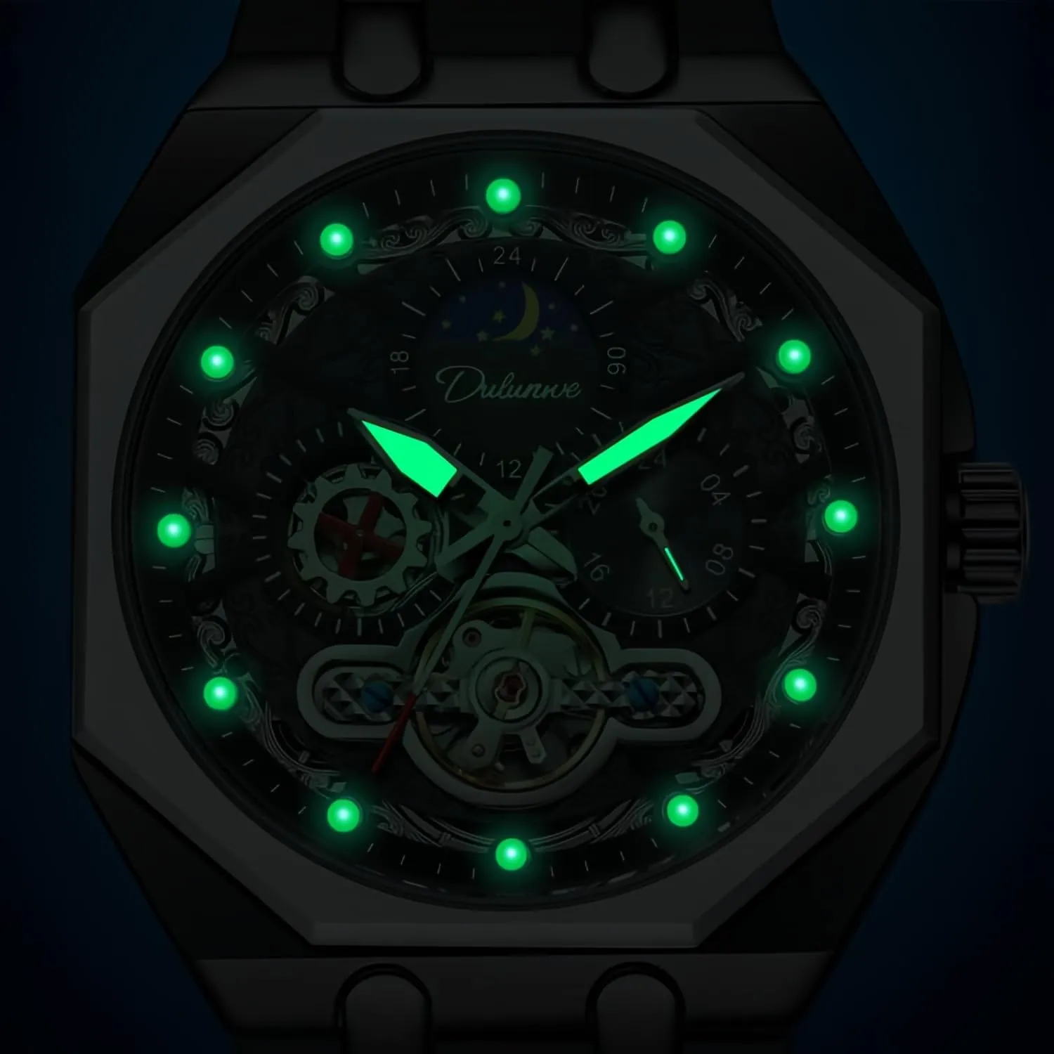 Business Waterproof Wristwatch CARLIEN Men??s Fashion Luxury pertain Automatic Hollowed Octagonal Analog Watch Stainless Steel Moon Phase Luminous Tourbillon 