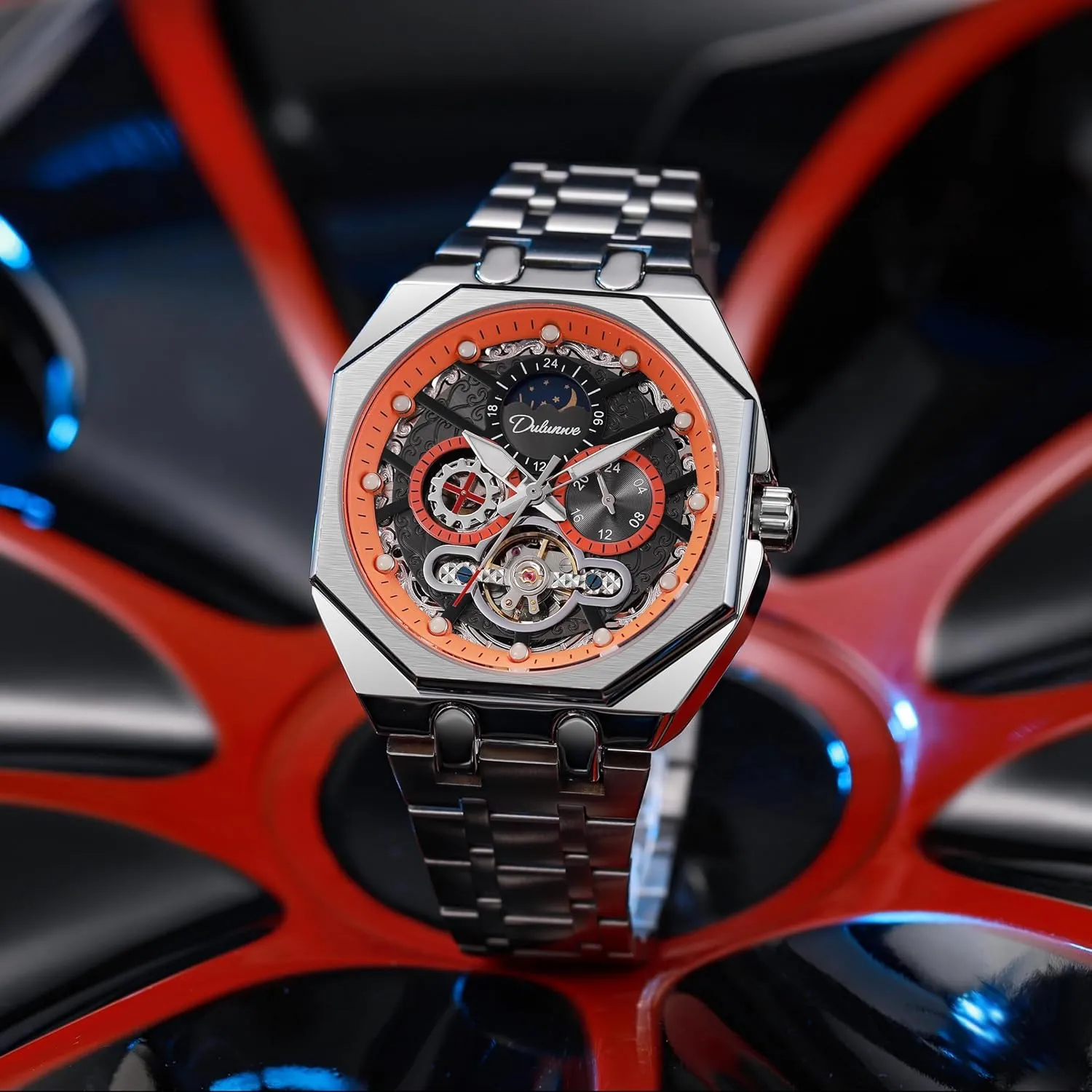 Business Waterproof Wristwatch CARLIEN Men??s Fashion Luxury pertain Automatic Hollowed Octagonal Analog Watch Stainless Steel Moon Phase Luminous Tourbillon 