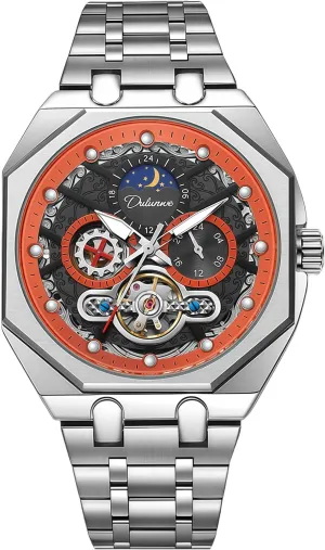 Business Waterproof Wristwatch CARLIEN Men??s Fashion Luxury pertain Automatic Hollowed Octagonal Analog Watch Stainless Steel Moon Phase Luminous Tourbillon 