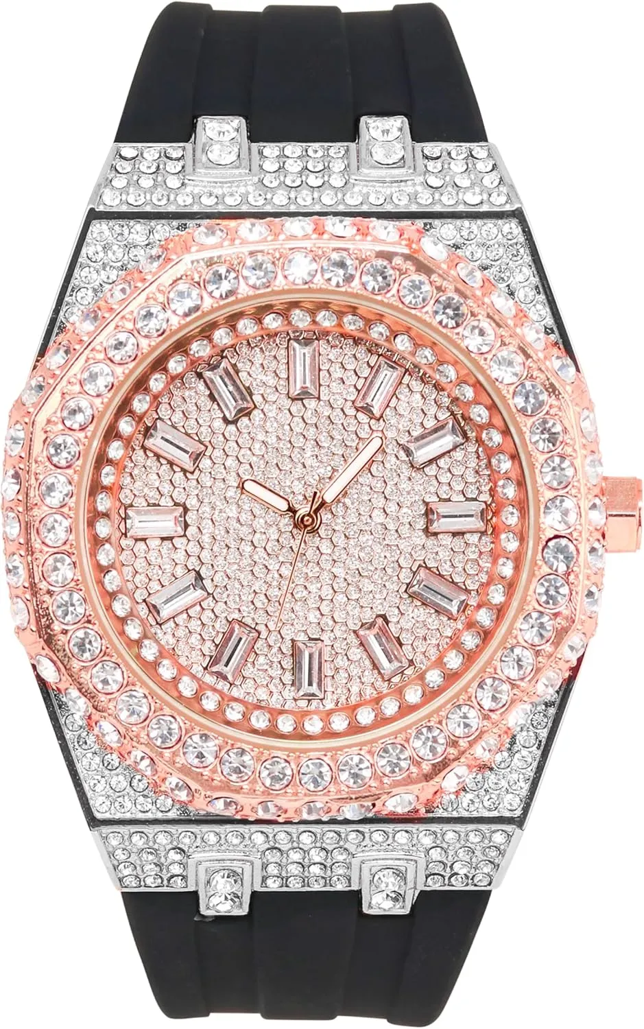 �C Silicone Band, Baguette Dial, Quartz Movement, Luxury executive sake Hip-Hop Style ICE STAR Men's 43mm Iced Out Octagon Watch 
