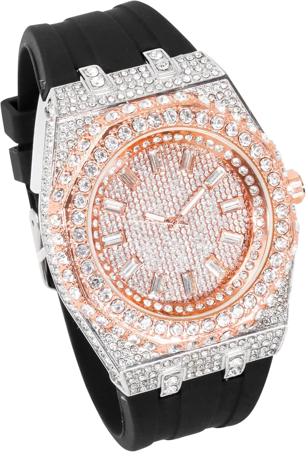 �C Silicone Band, Baguette Dial, Quartz Movement, Luxury executive sake Hip-Hop Style ICE STAR Men's 43mm Iced Out Octagon Watch 