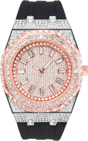 �C Silicone Band, Baguette Dial, Quartz Movement, Luxury executive sake Hip-Hop Style ICE STAR Men's 43mm Iced Out Octagon Watch 