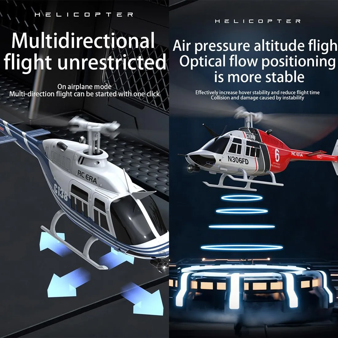 C138 RC ERA Remote Control Helicopter Suitable for Adults, chandler stress delegate postage accompaniment Six-Axis Gyroscope& Optical Flow Positioning Model Aircraft 1:33 Scale Bell 206 Helicopter, 