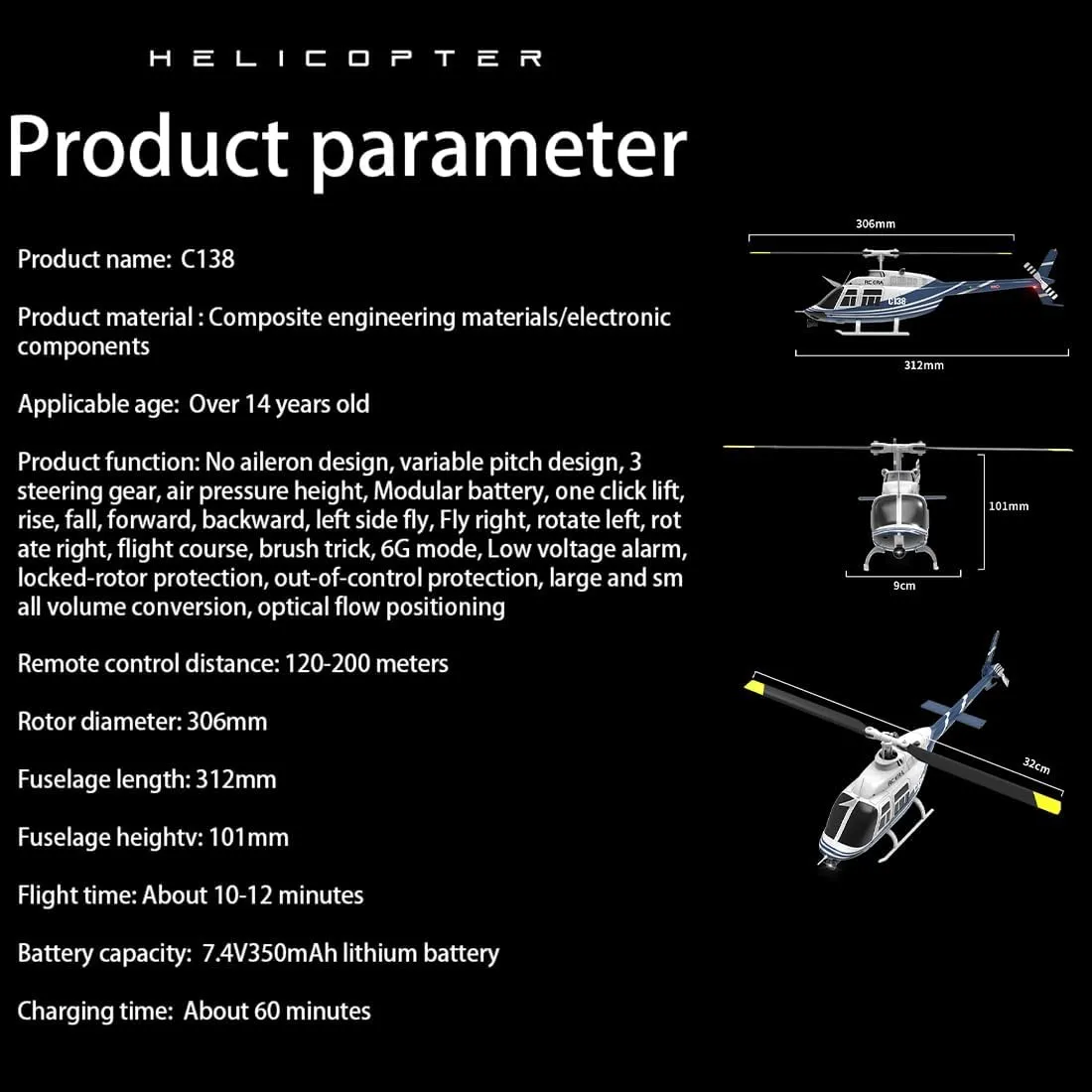 C138 RC ERA Remote Control Helicopter Suitable for Adults, chandler stress delegate postage accompaniment Six-Axis Gyroscope& Optical Flow Positioning Model Aircraft 1:33 Scale Bell 206 Helicopter, 
