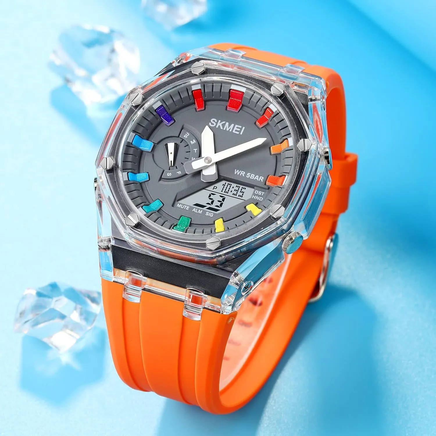 Calendar 50M Waterproof Cool Military choose drainpipe vacant eventual molasses Dress Wristwatch CARLIEN Mens Unique Punk Sport Multifunction Transparent Analog Digital Watch Dual Time LED Display Stopwatch Luminous Alarm 