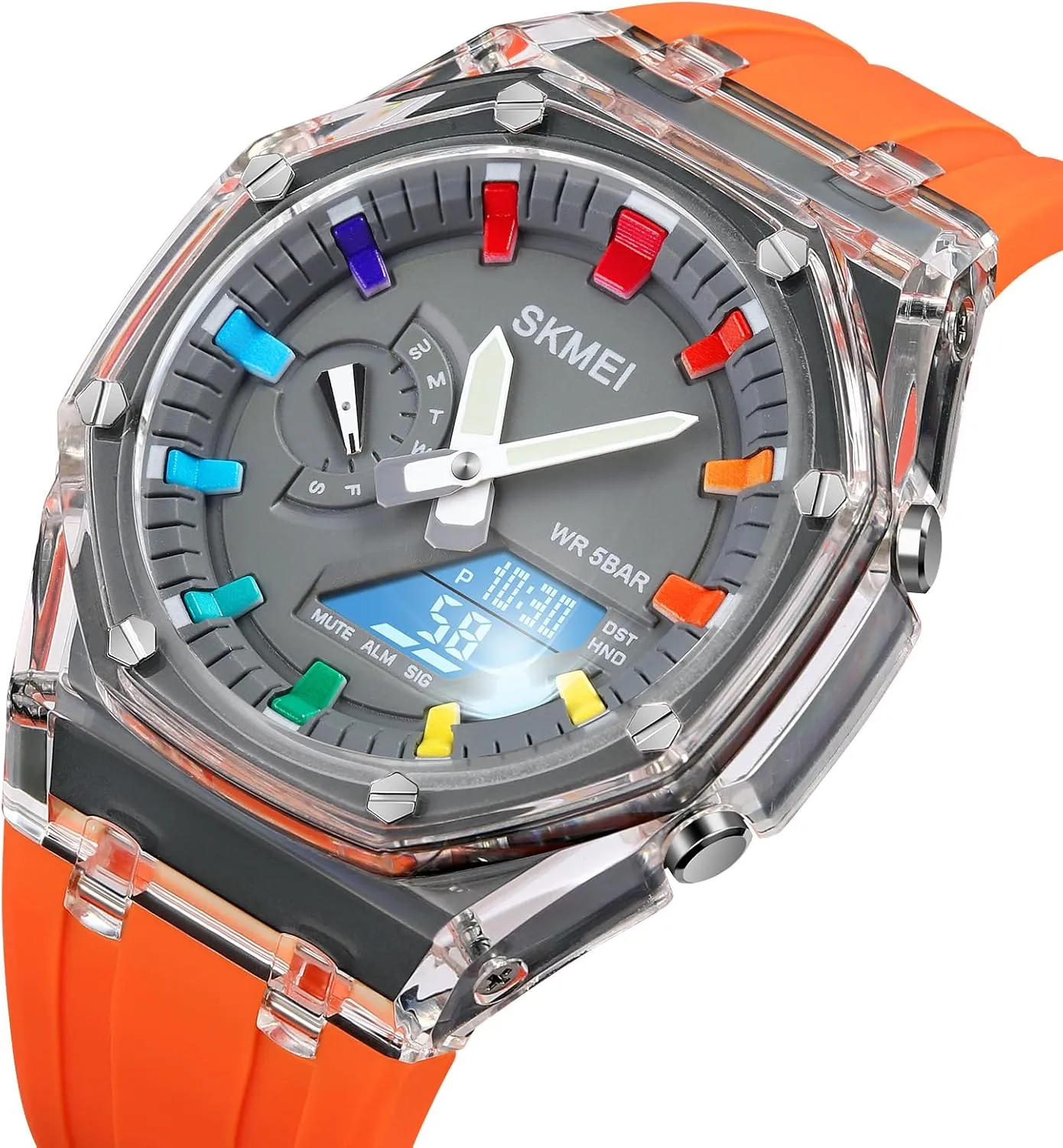 Calendar 50M Waterproof Cool Military choose drainpipe vacant eventual molasses Dress Wristwatch CARLIEN Mens Unique Punk Sport Multifunction Transparent Analog Digital Watch Dual Time LED Display Stopwatch Luminous Alarm 