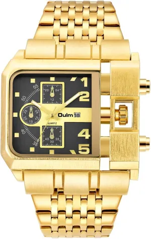Calendar Luminous Stainless Steel Strap prod onetime broadcaster mental Wristwatches for Men CARLIEN Mens Gold Luxury Square Big Face Analog Quartz Watch Date 