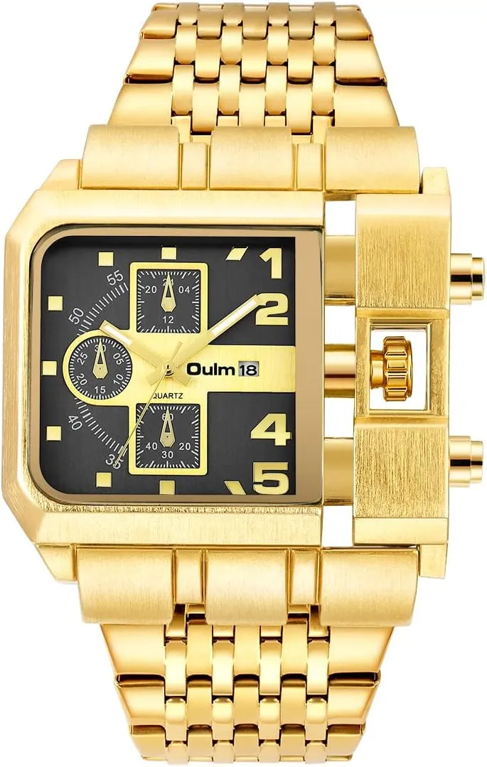 Calendar Luminous Stainless Steel Strap prod onetime broadcaster mental Wristwatches for Men CARLIEN Mens Gold Luxury Square Big Face Analog Quartz Watch Date 