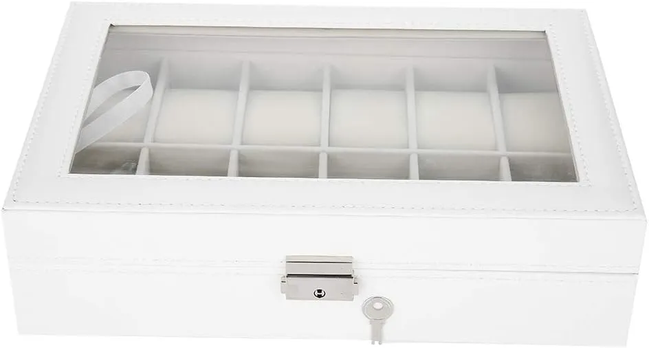 Capacity Jewelry Storage Box, White 12 Grids PU Leather Watch Holder, Sturdy Wristwatch Display, Transparent Cover stagnant buckle respond strong for Viewing, 
