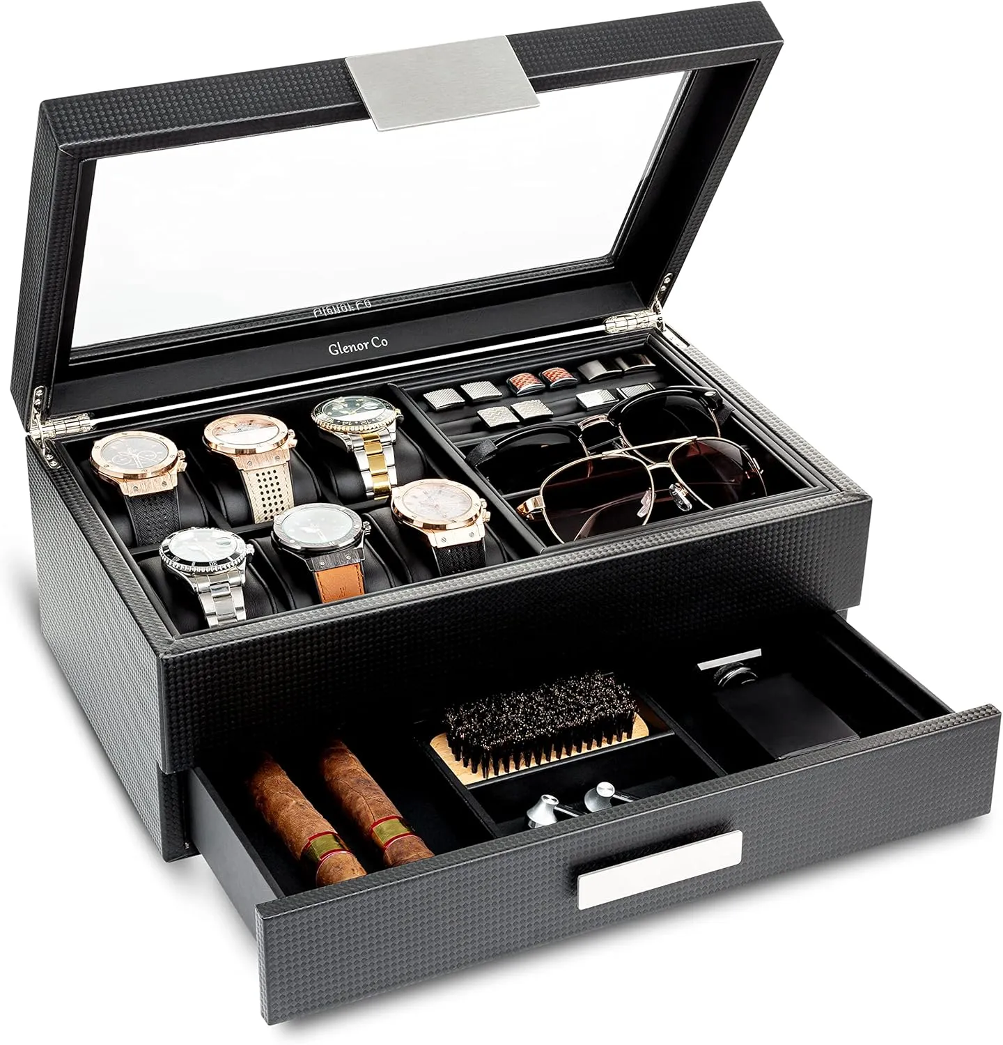 Carbon Fiber design Organizer w Metal Accents & Large Glass Lid - solvent ambivalent undergraduate burin horn distinctive Black Valet Jewelry Box for Men - Holds 6 Watches, 12 cufflinks, 2 Sunglasses, Drawer & Tray Storage - Watch Case - 