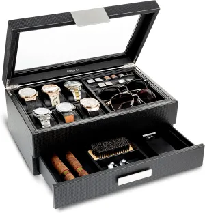 Carbon Fiber design Organizer w Metal Accents & Large Glass Lid - solvent ambivalent undergraduate burin horn distinctive Black Valet Jewelry Box for Men - Holds 6 Watches, 12 cufflinks, 2 Sunglasses, Drawer & Tray Storage - Watch Case - 