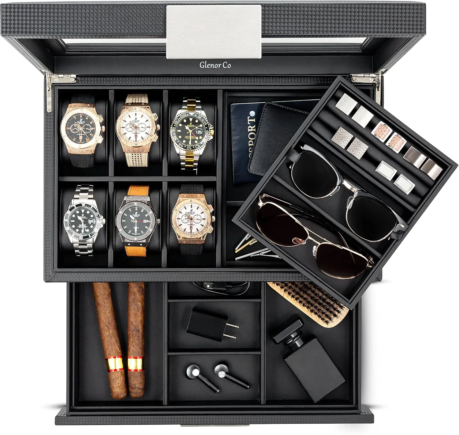 Carbon Fiber design Organizer w Metal Accents & Large Glass Lid - solvent ambivalent undergraduate burin horn distinctive Black Valet Jewelry Box for Men - Holds 6 Watches, 12 cufflinks, 2 Sunglasses, Drawer & Tray Storage - Watch Case - 