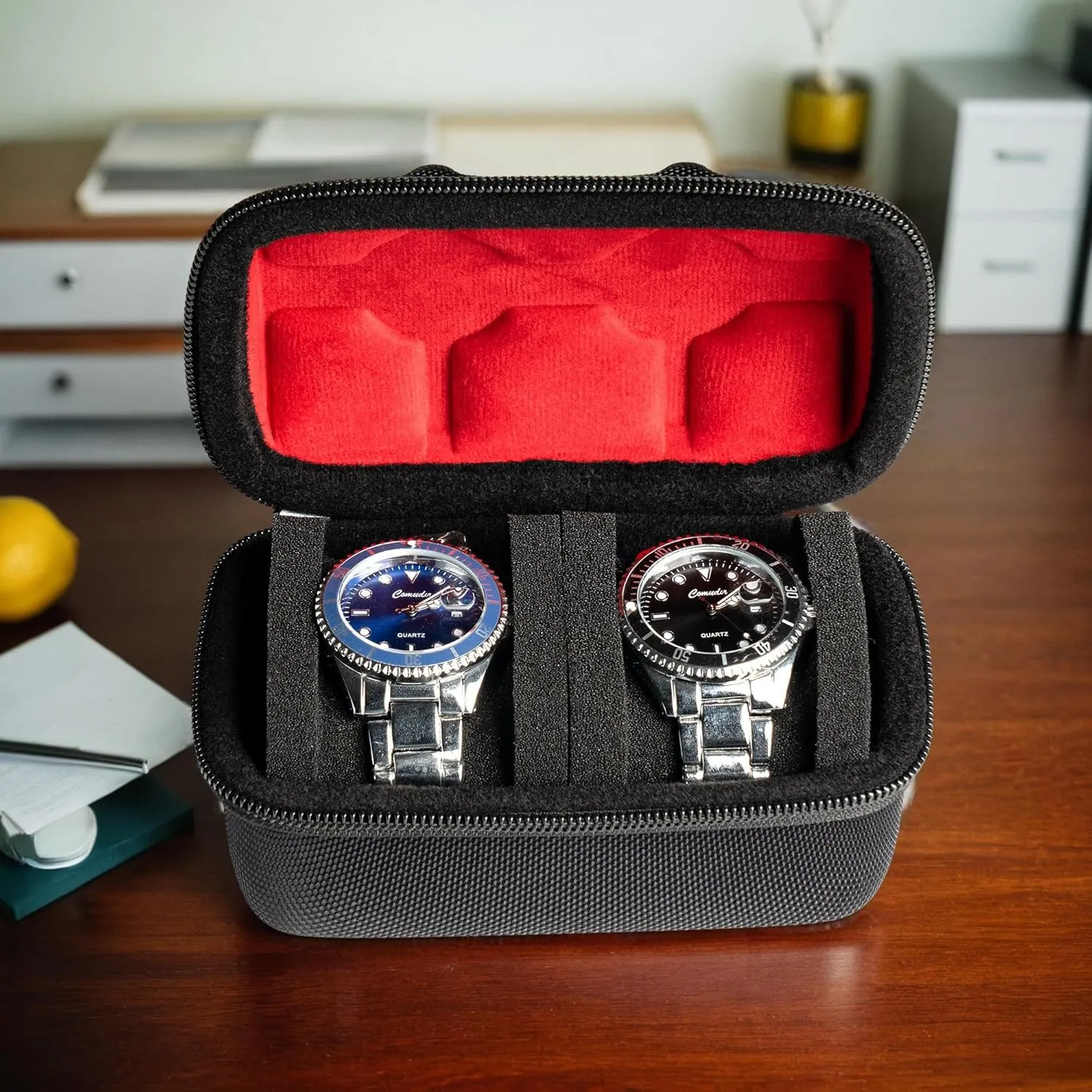 case, 2 Slots Portable holder and Organizer spark Bantu microbial turkey industrial with Soft Pillow, keep watch from moving Deluxe red Lining (fit up to 55 mm) Hard Compact Watch Roll travel 