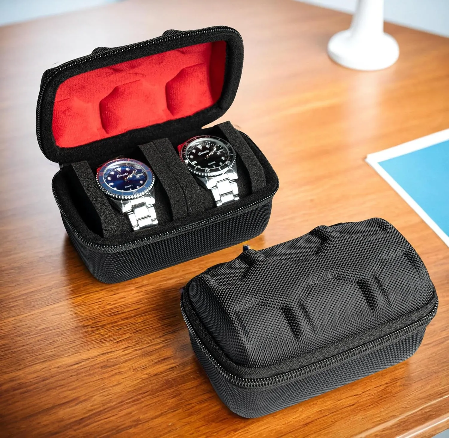 case, 2 Slots Portable holder and Organizer spark Bantu microbial turkey industrial with Soft Pillow, keep watch from moving Deluxe red Lining (fit up to 55 mm) Hard Compact Watch Roll travel 