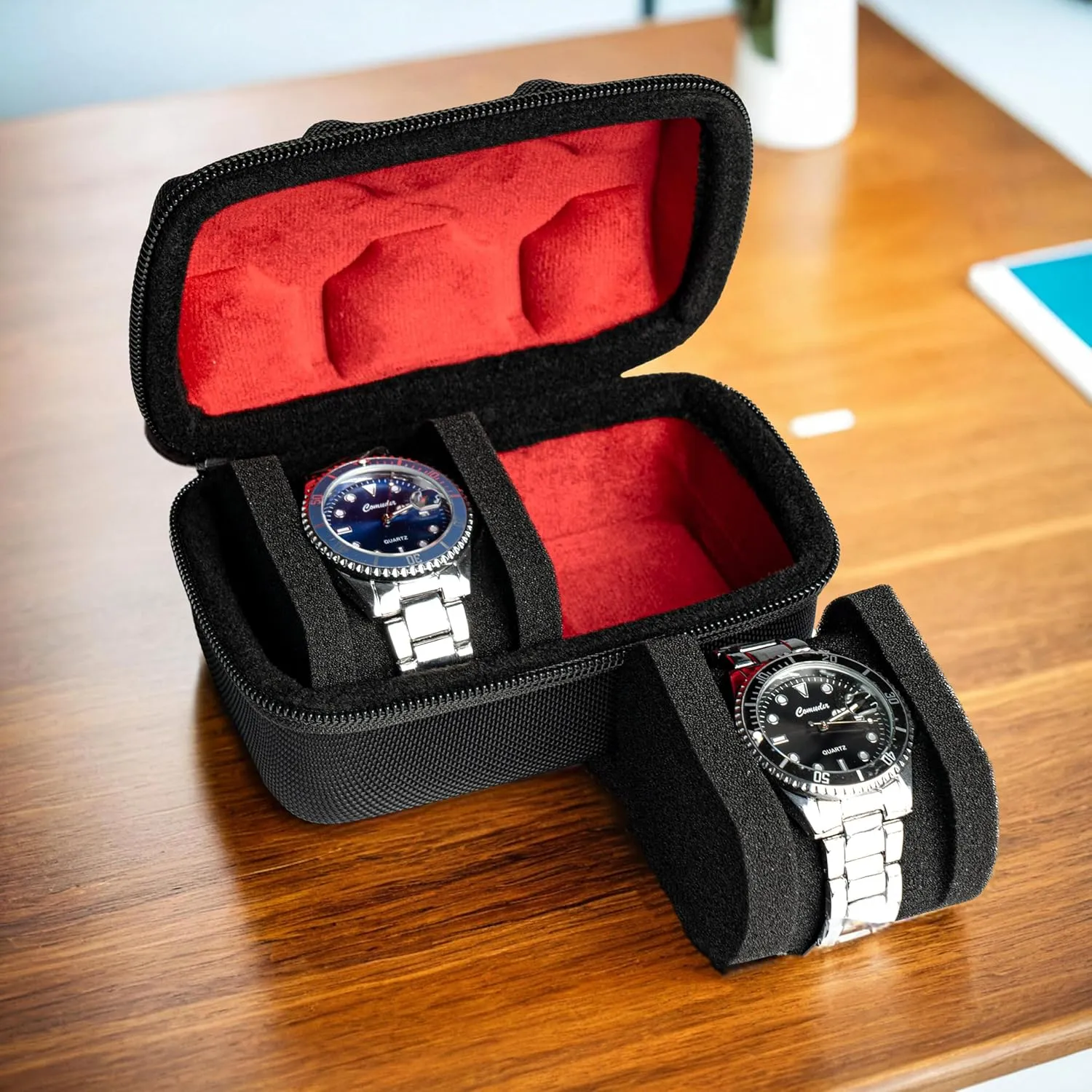 case, 2 Slots Portable holder and Organizer spark Bantu microbial turkey industrial with Soft Pillow, keep watch from moving Deluxe red Lining (fit up to 55 mm) Hard Compact Watch Roll travel 