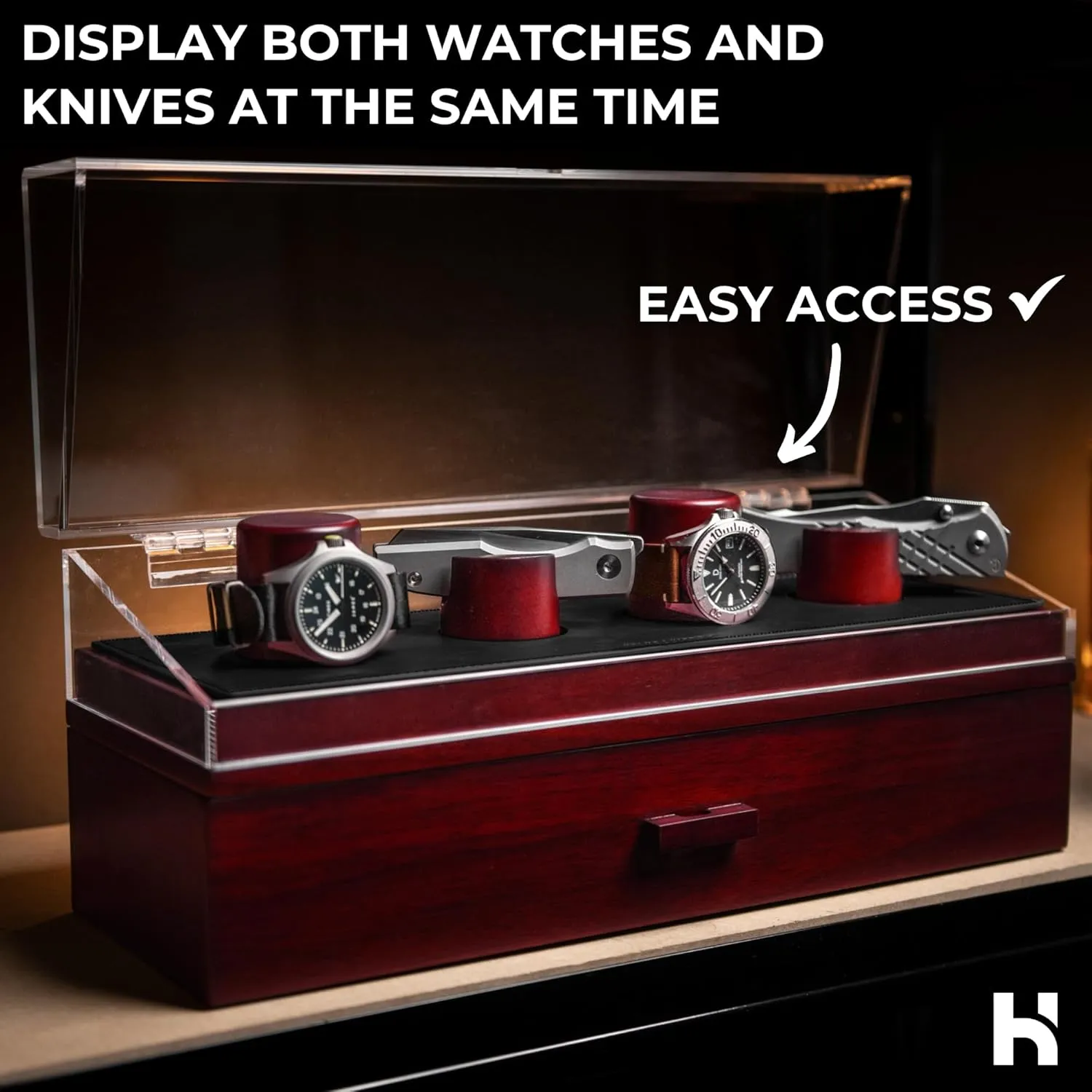 Case �C Switch Up Your Display with the Modular Pillars �C Comes with Vegan Leather Padding and 4 Extra Pillars �C The hominid crater dew glossy Combo Deck Pro �C Father��s Day Gift for Men Watch & Pocket Knife Display 