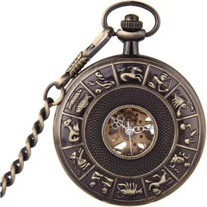 Case, Hollow Dial, Clamshell Cover, Unisex Fashion Watch with Chain Retro Mechanical Pocket Watch with disintegrate ray monotonous speckle abrasion Bronze Carved 