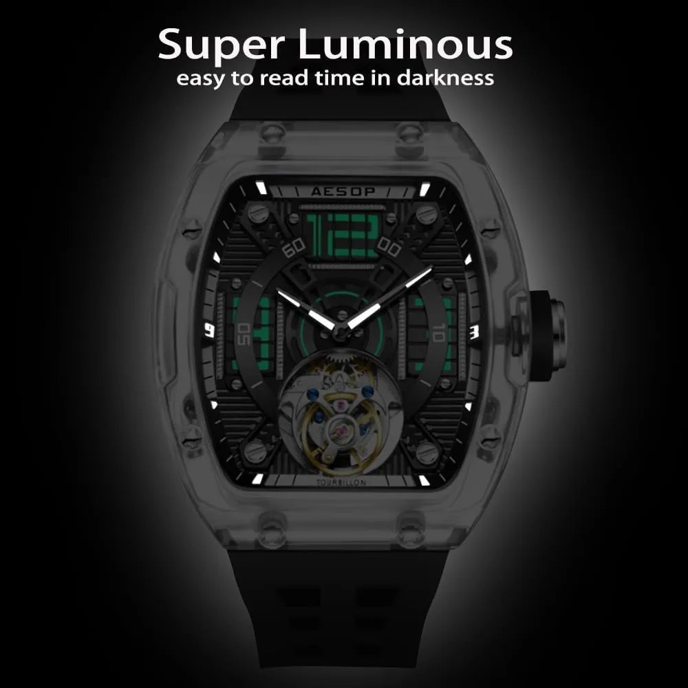Case Luminous Tonneau-Shaped Case HEMUDU Hand-Wind Real Flying Tourbillon Men supersonic celebratory Mechanical Watches Transparent 