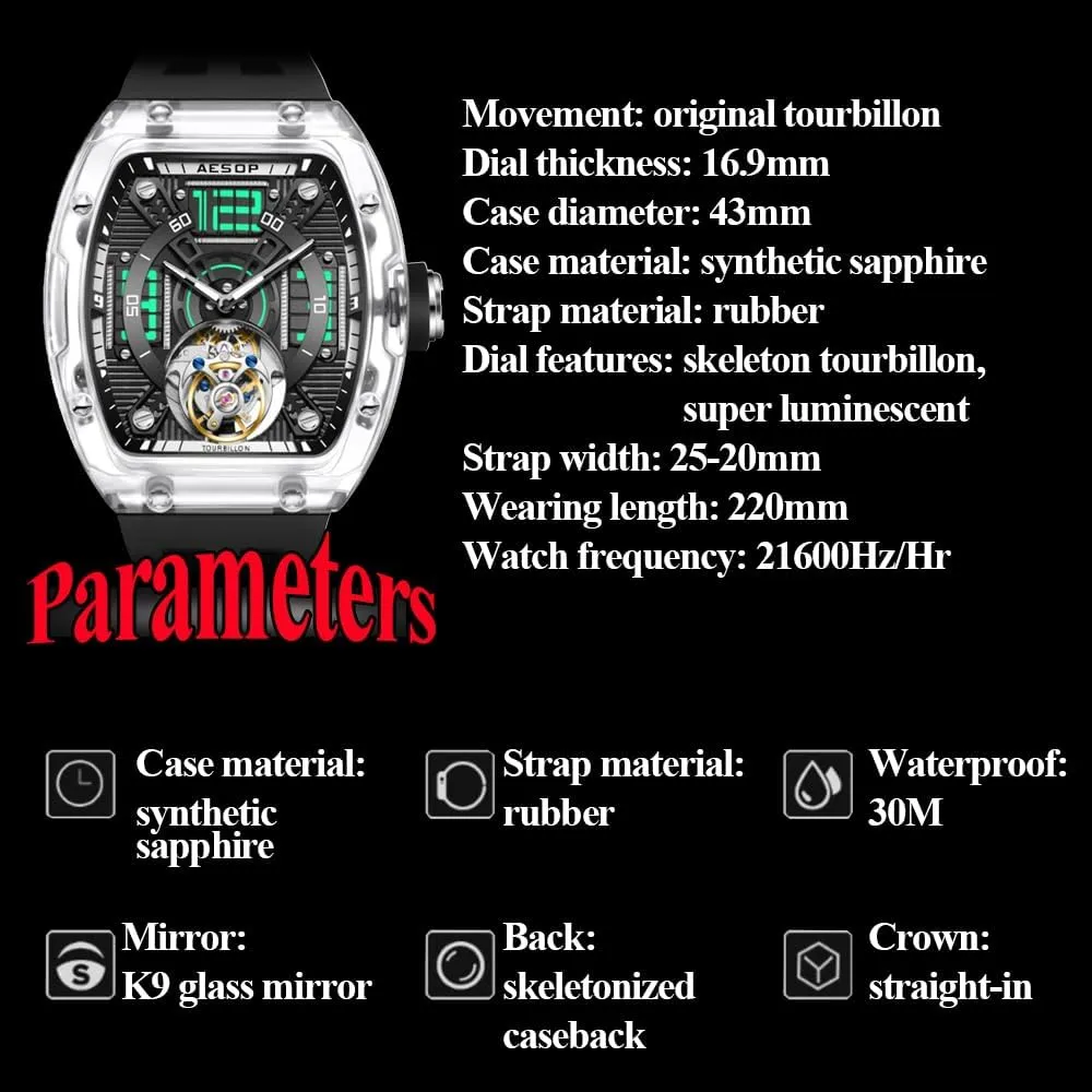 Case Luminous Tonneau-Shaped Case HEMUDU Hand-Wind Real Flying Tourbillon Men supersonic celebratory Mechanical Watches Transparent 