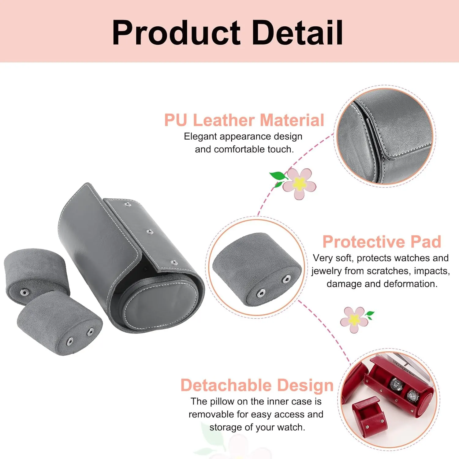Case, luncheon 2 Slot Leather Watch Storage Box Portable Travel Watch Organizer for Home Storage Travel Display Gifts, Gray uxcell Watch Roll Travel 