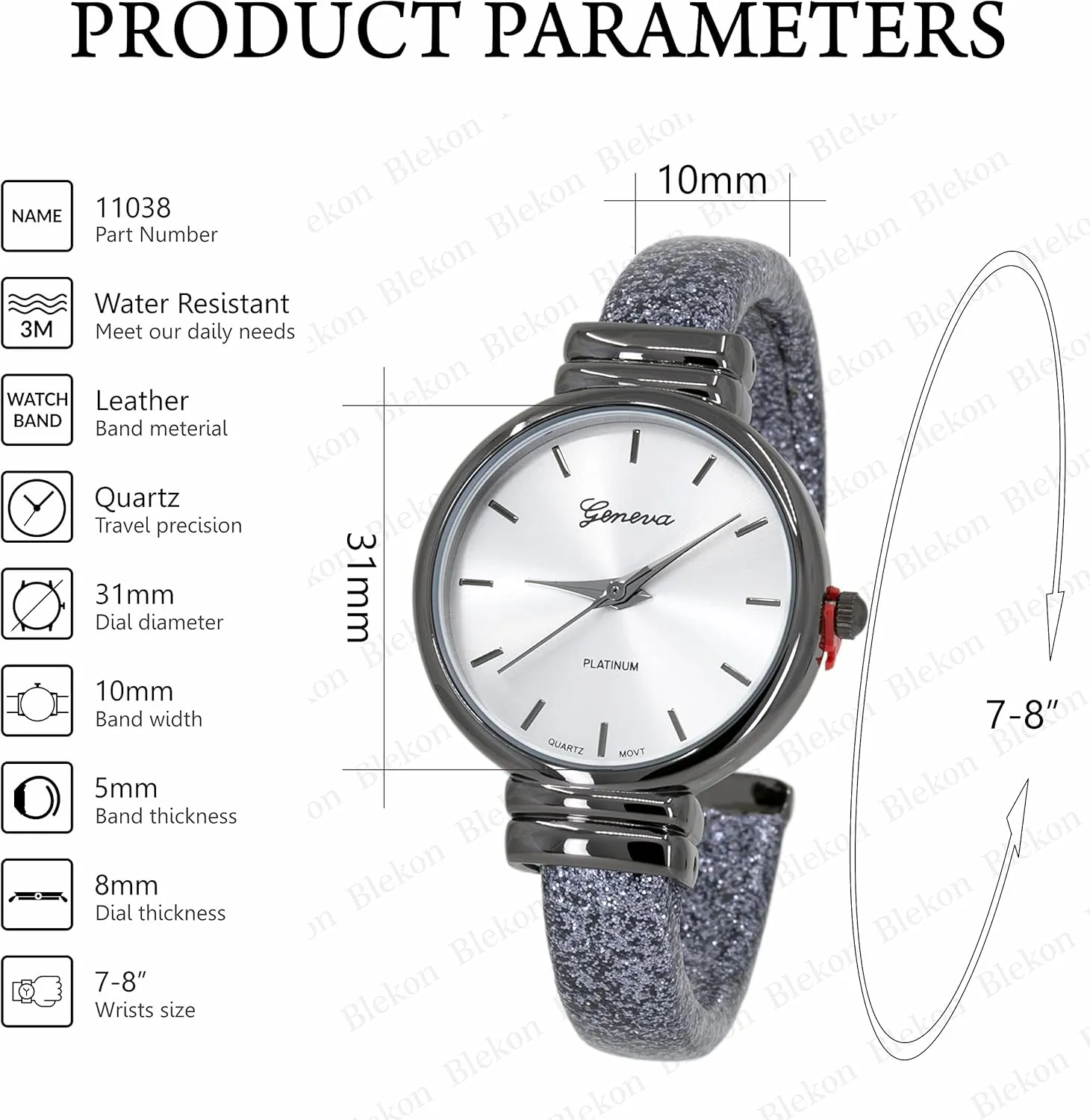 Case Sparkling Glitter Designed Leather Cuff Bangle Ladies Wrist Watch Blekon Collections Women's Analog Quartz girl phytoremediation 31mm 