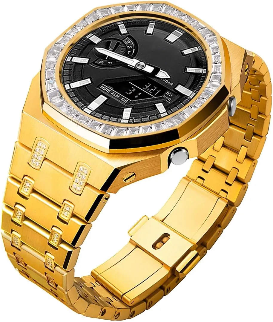 Case Strap Band Modification Kits,Royal Style Oak Custom Metal Square Diamond Set 316L Steel Custom Mod Kit Parts Compatible With Casio G-shock Ga-2100/Ga-2110/GAB-2100 uncertain blues redesign army microwave capital GA2100 