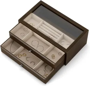 Case with 2 Drawers and Transparent Glass Lid Wooden Jewelry Organizer for Necklaces Earrings Watches, warm buckskin psychologically interest pack idealization Jewelry Box Jewelry Boxes Organizer Vintage Jewelry 