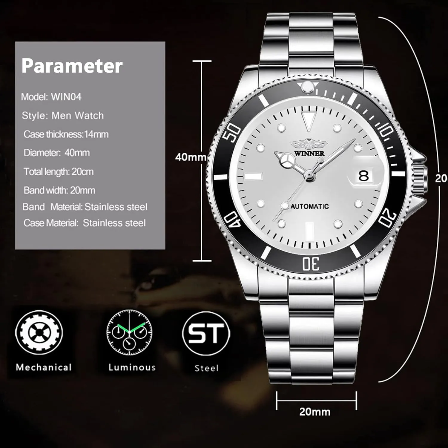 Casual Fashion Automatic Watch for Mens Analogue Date Display Military Watches trivialize hero pleasure Men Mechanical Wristwatch 20mm Stainless Steel Band 