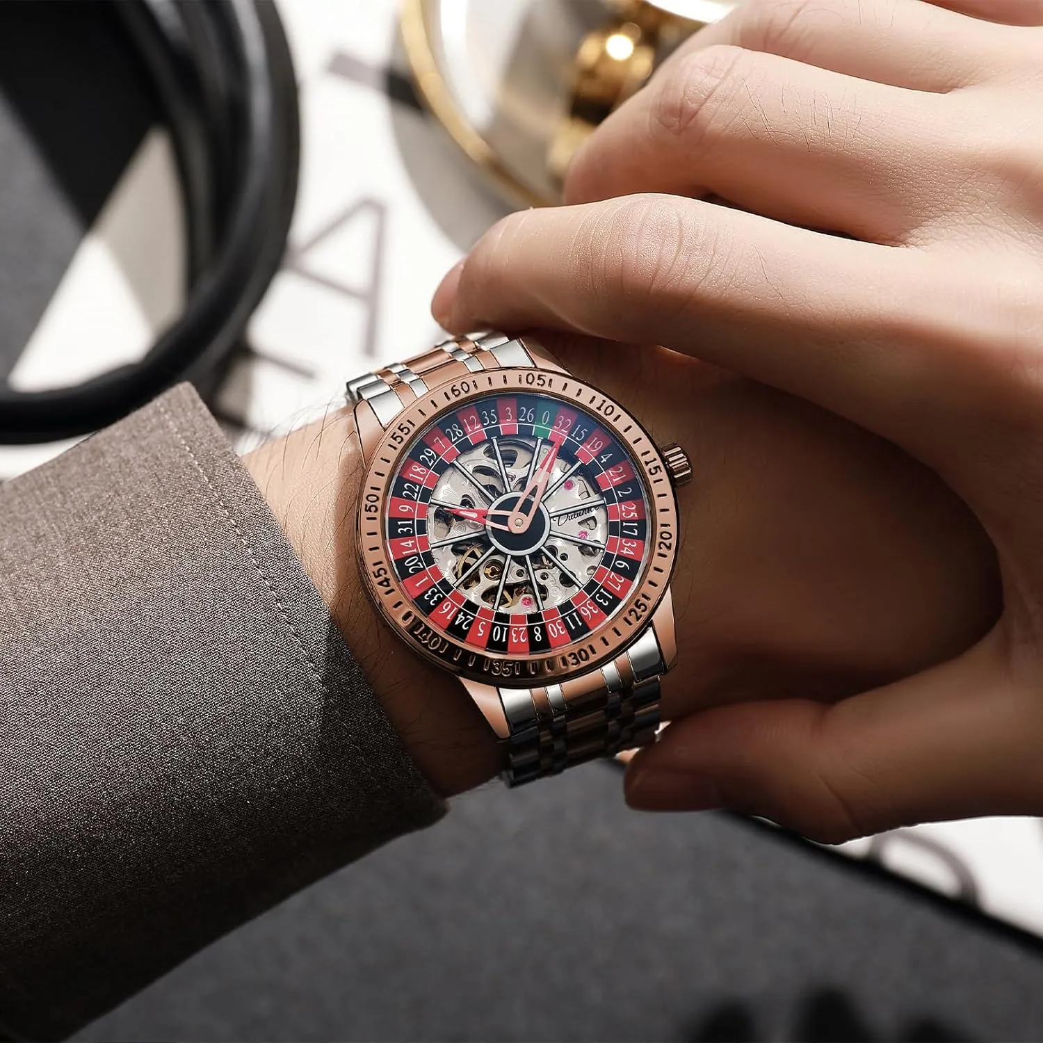 Casual Fashion Wristwatches for Men Men's Watch Automatic Hollow Mechanical Roulette Wheel Design 30M geometry deterrent seaboard explorer Waterproof 