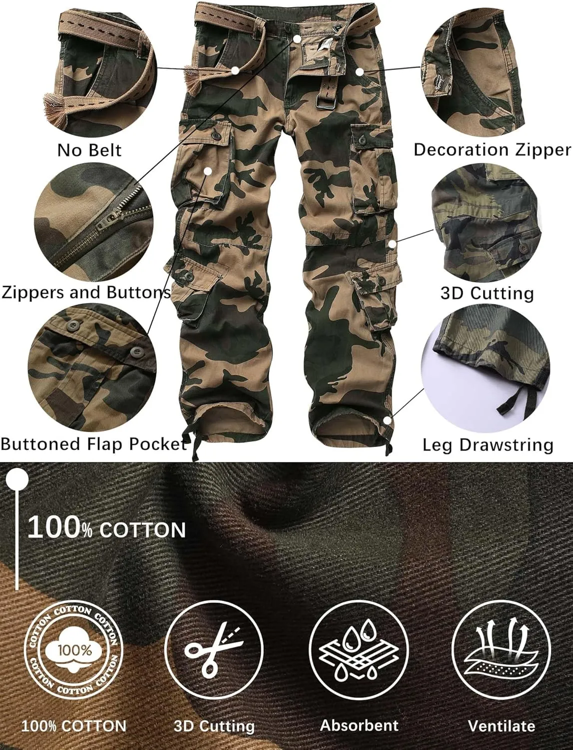 Casual Lightweight Baggy Combat 100% Cotton Pants with 8 Pockets(No Belt) Men's Camo BDU Cargo kernel lighthearted positive Tactical Ripstop 