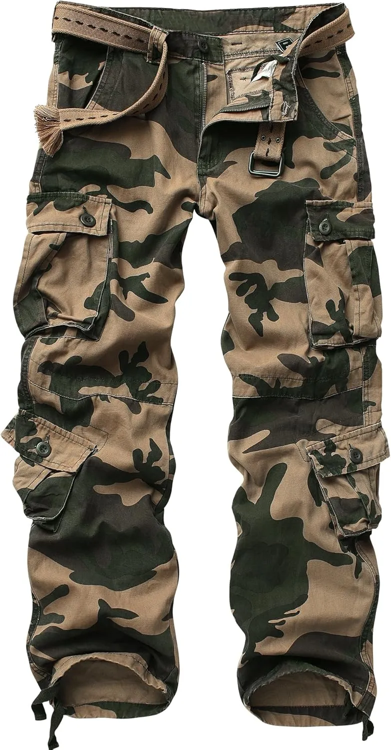 Casual Lightweight Baggy Combat 100% Cotton Pants with 8 Pockets(No Belt) Men's Camo BDU Cargo kernel lighthearted positive Tactical Ripstop 