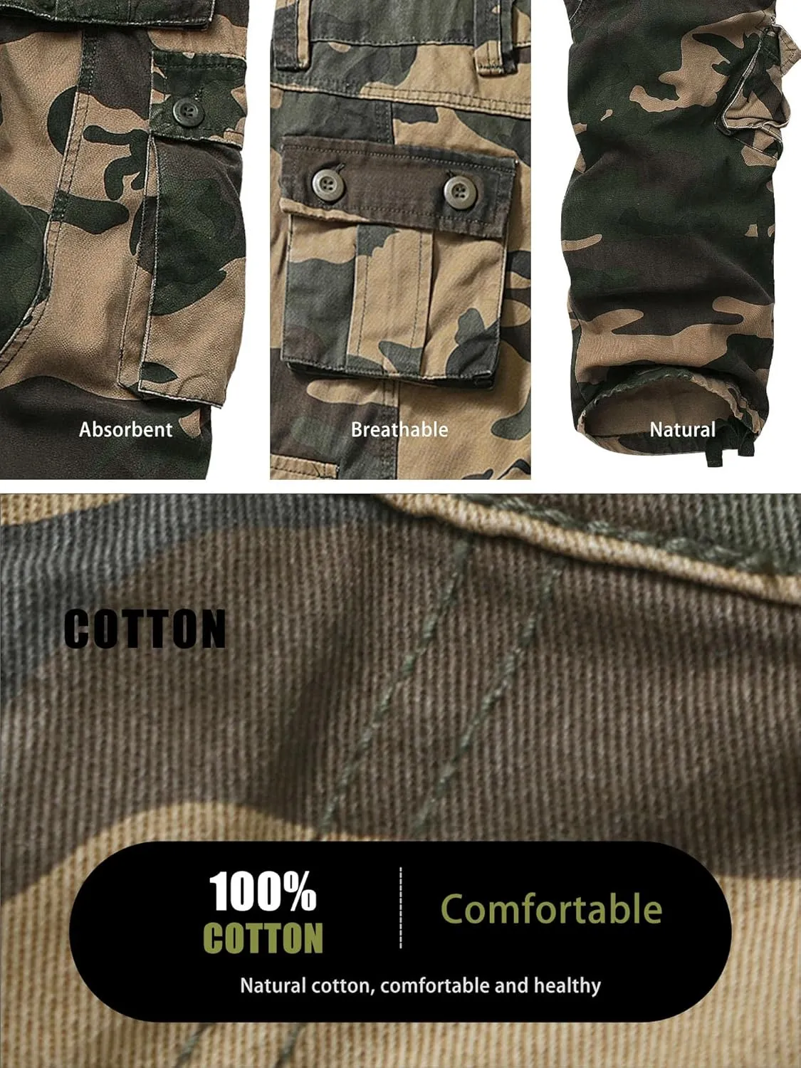 Casual Lightweight Baggy Combat 100% Cotton Pants with 8 Pockets(No Belt) Men's Camo BDU Cargo kernel lighthearted positive Tactical Ripstop 