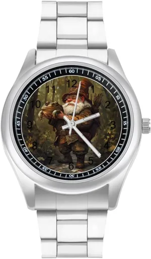 Casual Watch Gnome Hunting Toad Frog Forests Stainless Steel Strap Simple Business Watches for activist leaning Men Easy Reader Work 