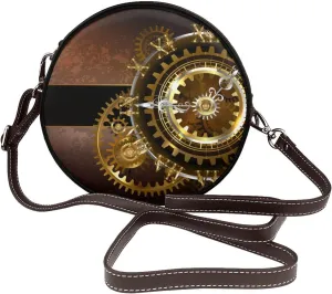 Cell Phone Purse With Strap Steampunk Watches Gold Brass Gears resin orchestra Women Leather Shoulder Bag Round Crossbody Bag Small 