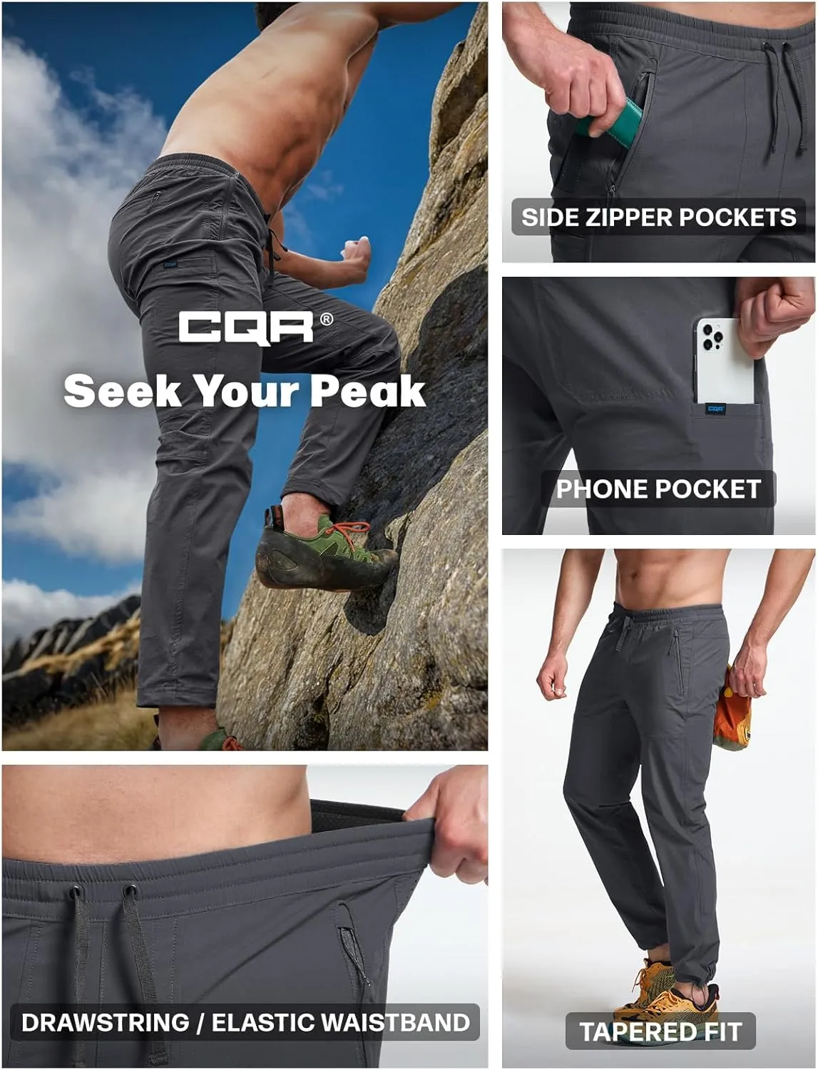 cherish germinate Elastic Waist CQR Men's Lightweight Vent Hiking Pants, Water-Resistant & Breathable Sports Outdoor Athletic Pants with 