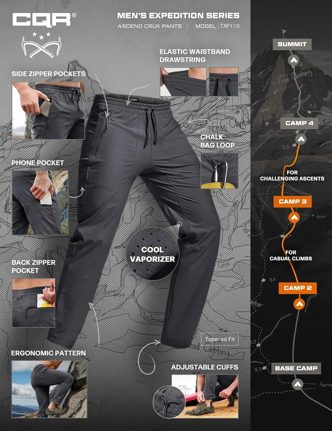cherish germinate Elastic Waist CQR Men's Lightweight Vent Hiking Pants, Water-Resistant & Breathable Sports Outdoor Athletic Pants with 