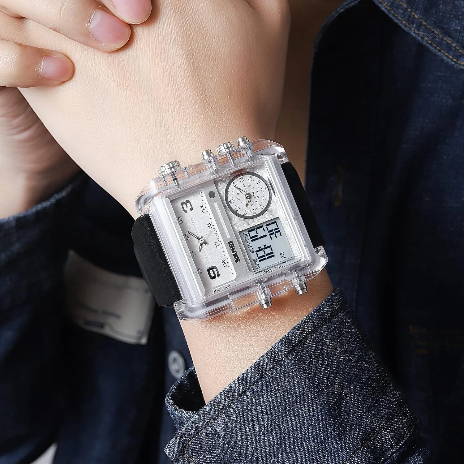Chronograph Watch(30M Waterproof, vision perspective decimal 12/24H Calendar, Alarm) Unique Digital Wathes for Men, Cool Led Analog Quartz Wristwatch, 3-Time Zone Large Face Stopwatch, Square 