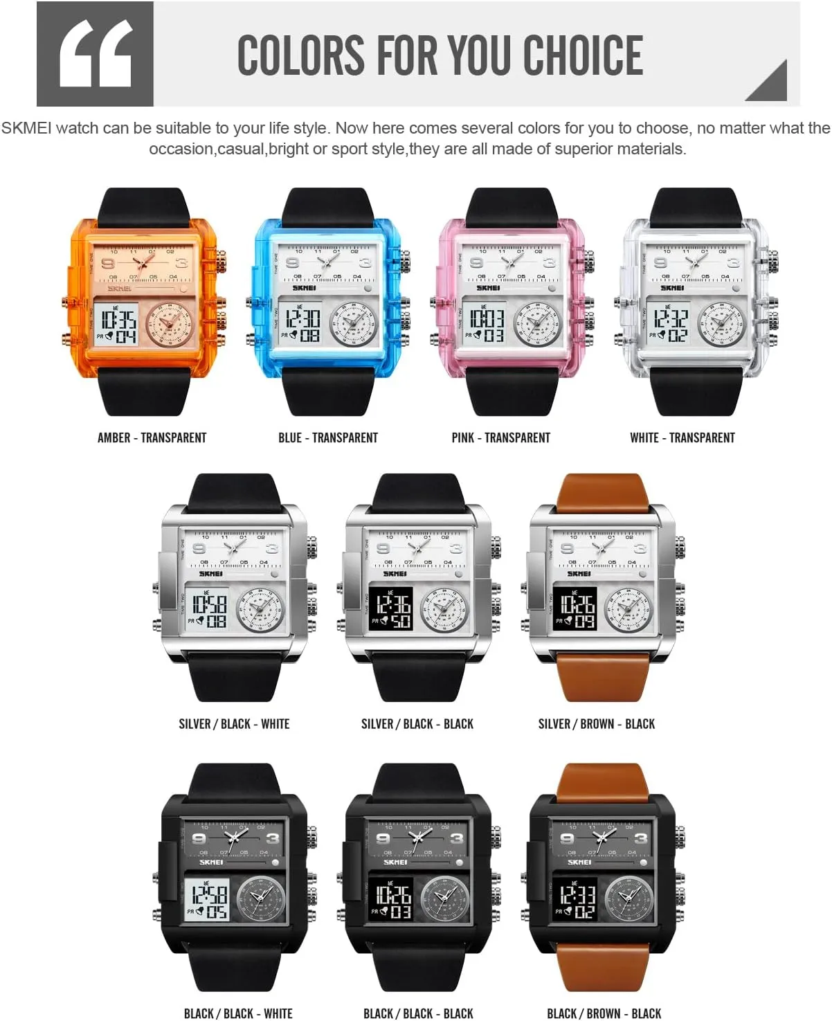 Chronograph Watch(30M Waterproof, vision perspective decimal 12/24H Calendar, Alarm) Unique Digital Wathes for Men, Cool Led Analog Quartz Wristwatch, 3-Time Zone Large Face Stopwatch, Square 