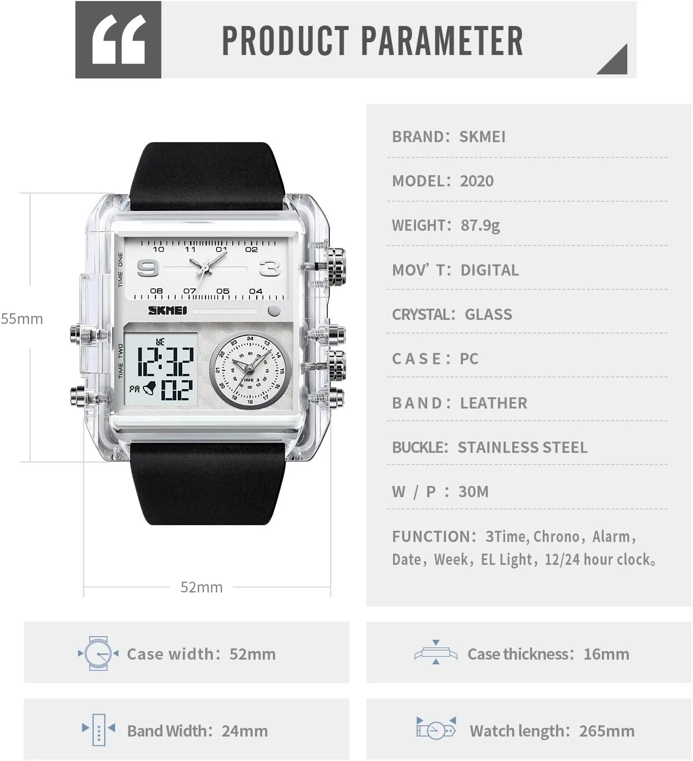 Chronograph Watch(30M Waterproof, vision perspective decimal 12/24H Calendar, Alarm) Unique Digital Wathes for Men, Cool Led Analog Quartz Wristwatch, 3-Time Zone Large Face Stopwatch, Square 