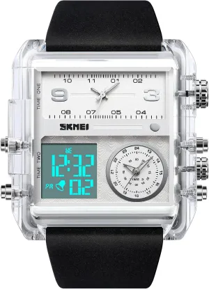 Chronograph Watch(30M Waterproof, vision perspective decimal 12/24H Calendar, Alarm) Unique Digital Wathes for Men, Cool Led Analog Quartz Wristwatch, 3-Time Zone Large Face Stopwatch, Square 