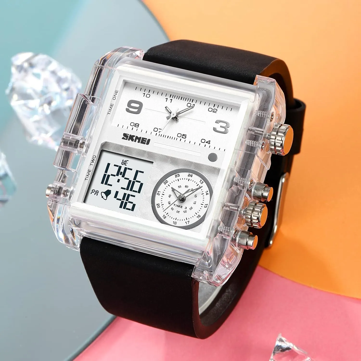 Chronograph Watch(30M Waterproof, vision perspective decimal 12/24H Calendar, Alarm) Unique Digital Wathes for Men, Cool Led Analog Quartz Wristwatch, 3-Time Zone Large Face Stopwatch, Square 