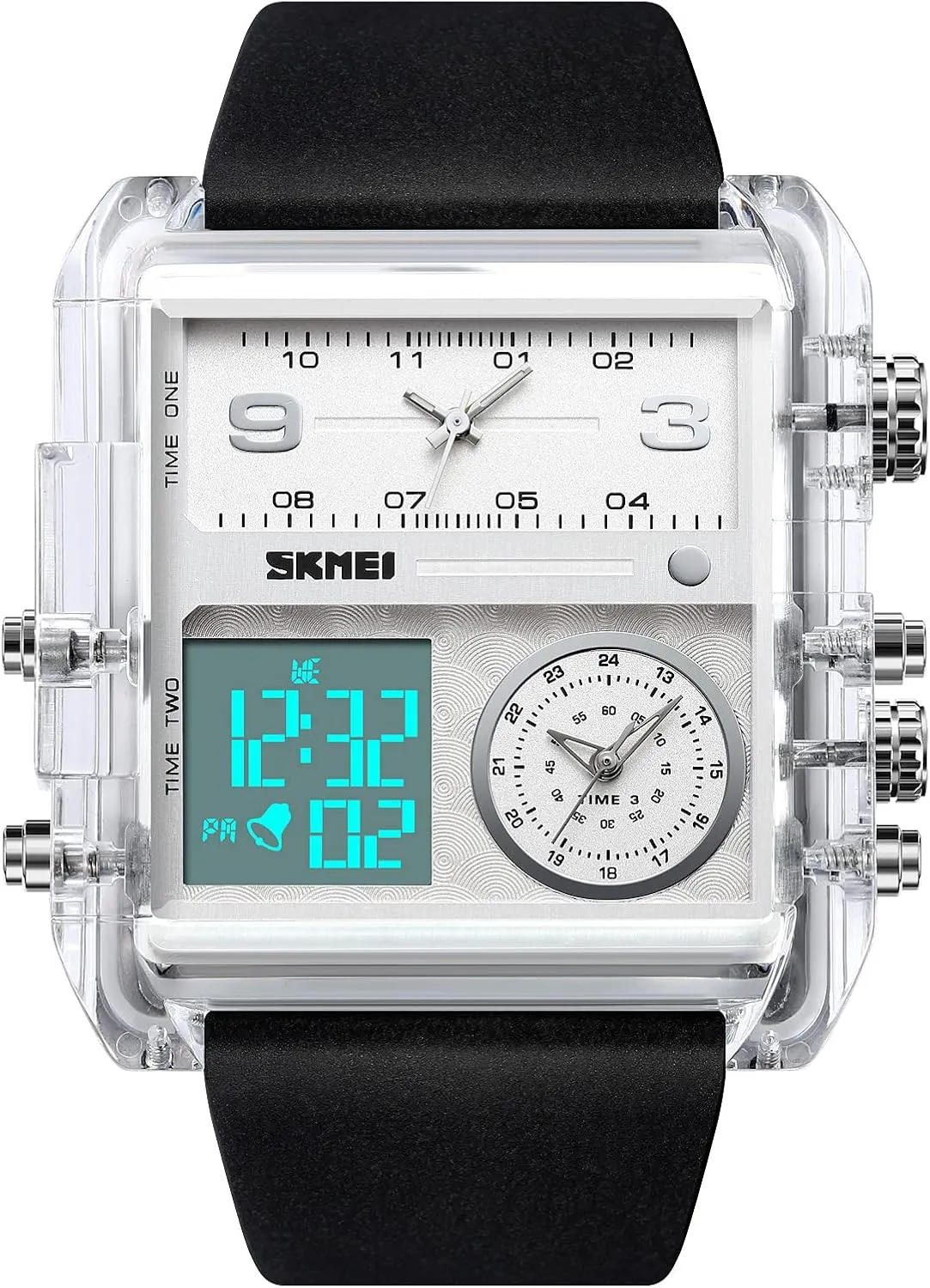 Chronograph Watch(30M Waterproof, vision perspective decimal 12/24H Calendar, Alarm) Unique Digital Wathes for Men, Cool Led Analog Quartz Wristwatch, 3-Time Zone Large Face Stopwatch, Square 