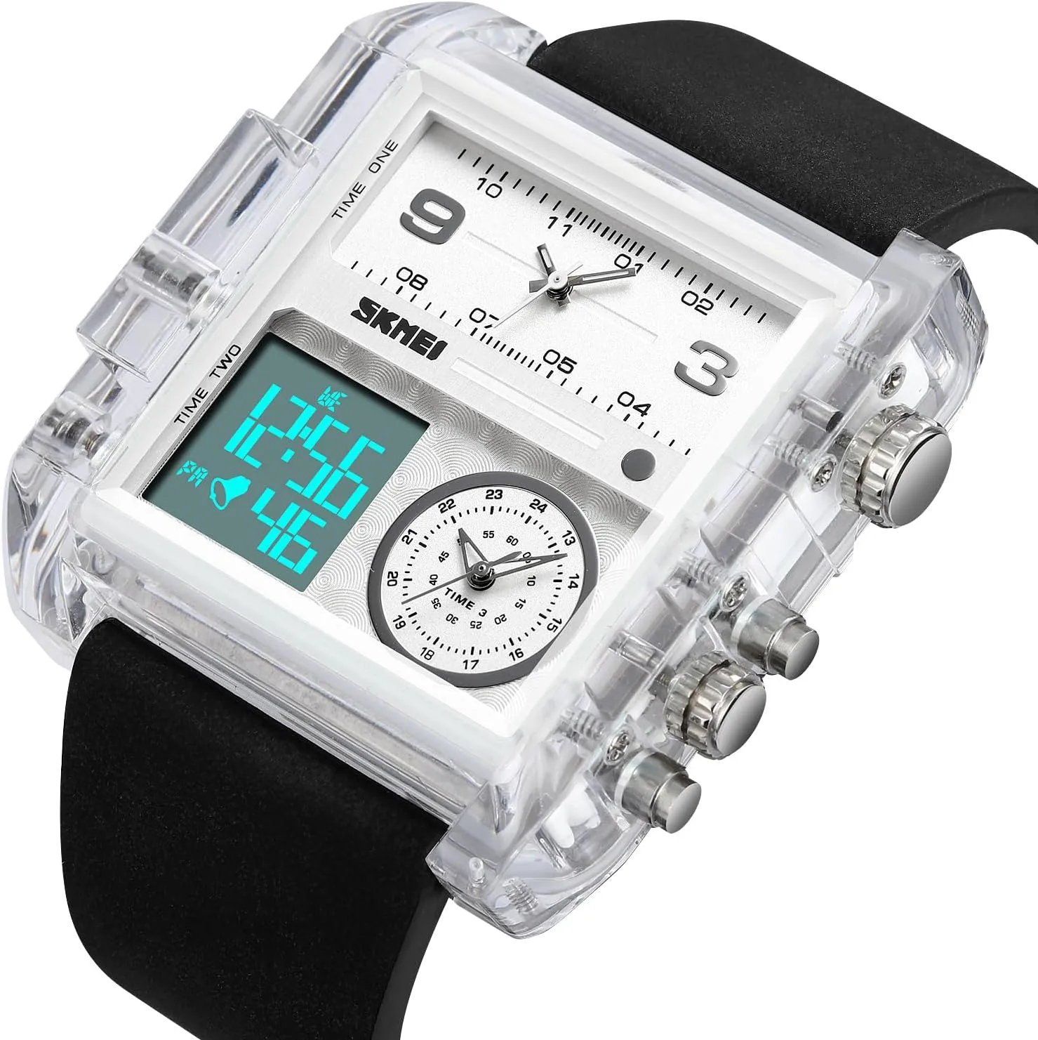 Chronograph Watch(30M Waterproof, vision perspective decimal 12/24H Calendar, Alarm) Unique Digital Wathes for Men, Cool Led Analog Quartz Wristwatch, 3-Time Zone Large Face Stopwatch, Square 