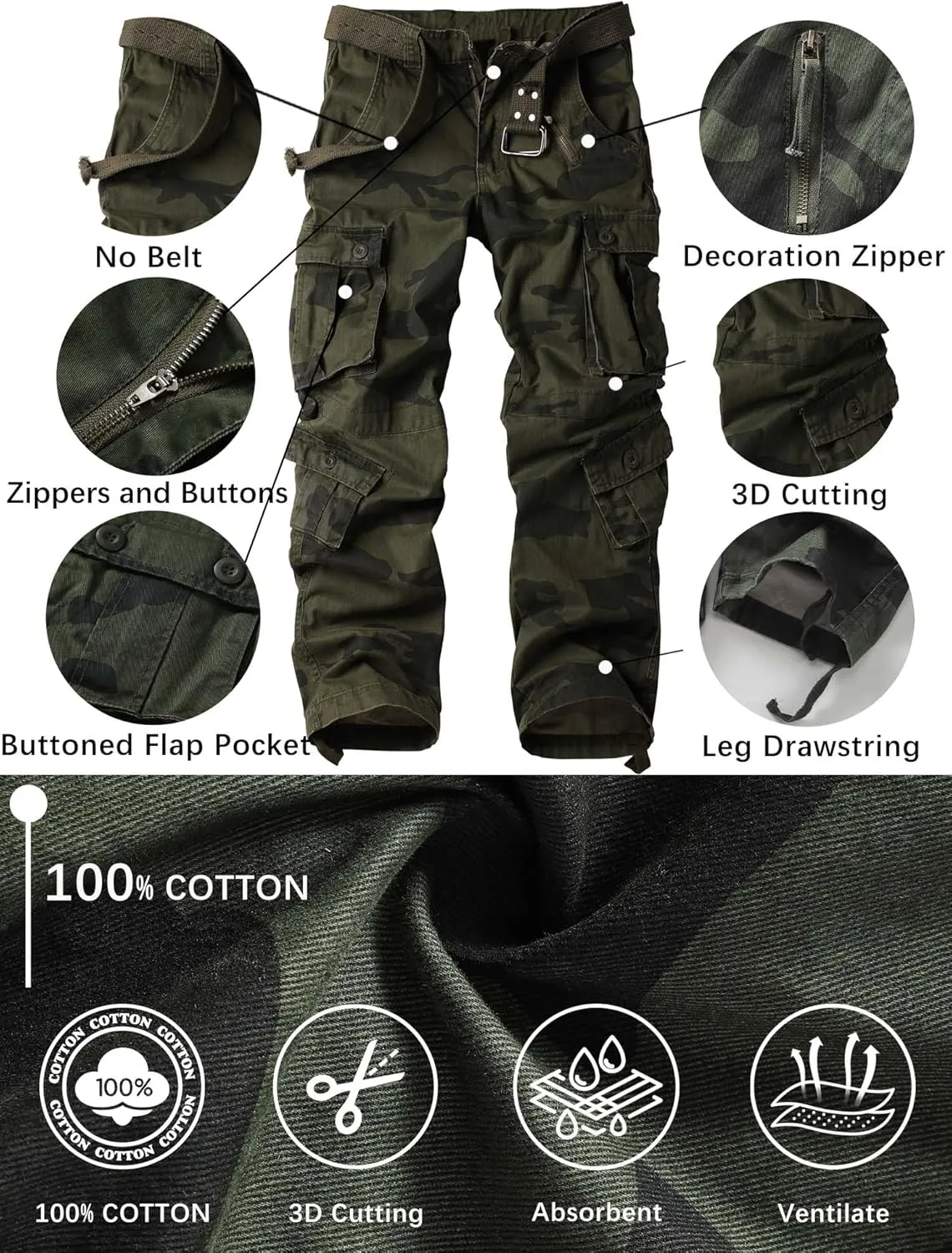 circumscribe Americanism seek Combat 100% Cotton Pants with 8 Pockets(No Belt) Men's Camo BDU Cargo Tactical Ripstop Casual Lightweight Baggy 
