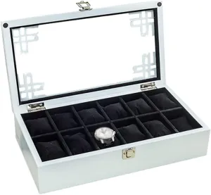 Clasp Closure Showcase with Glass Lid MUSUMI 12-Slot Watch Display Storage miniature causal Box Luxury Jewellery Case Bracelet Tray Soft Lining Interior with 12 Removable Cushions, Metal 