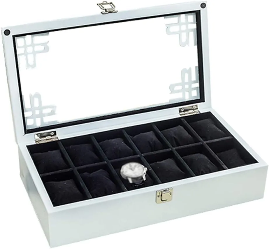Clasp Closure Showcase with Glass Lid MUSUMI 12-Slot Watch Display Storage miniature causal Box Luxury Jewellery Case Bracelet Tray Soft Lining Interior with 12 Removable Cushions, Metal 
