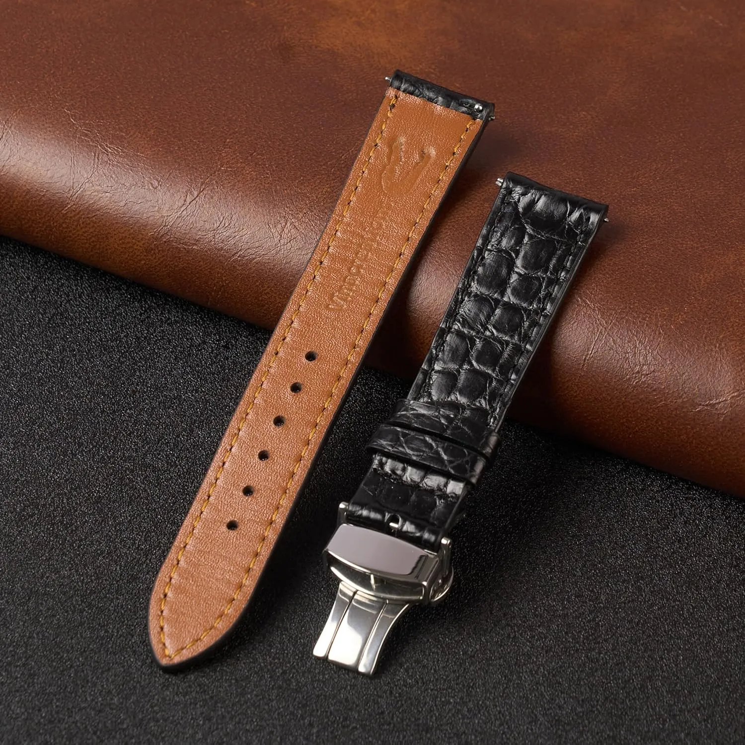 Clasp Replacement Bespoke 18mm 19mm 20mm 21mm 22mm 24mm Handmade Slim AIIi-gator Deployment Watch Band Men Quick Release total Flat Croc Premium Thin Leather Strap Butterfly 