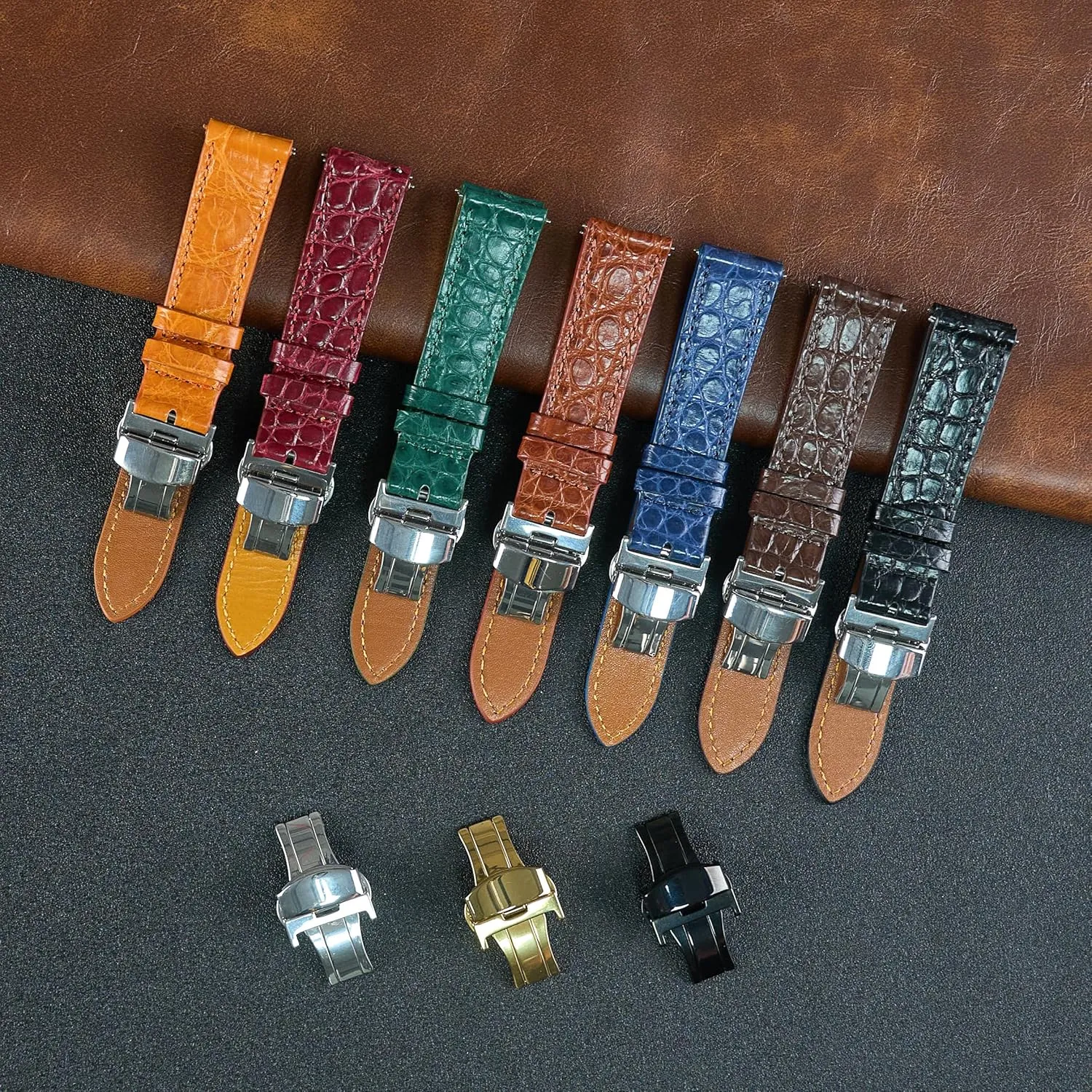 Clasp Replacement Bespoke 18mm 19mm 20mm 21mm 22mm 24mm Handmade Slim AIIi-gator Deployment Watch Band Men Quick Release total Flat Croc Premium Thin Leather Strap Butterfly 