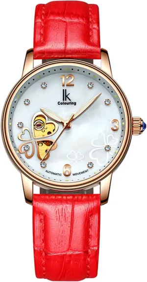 Clover (Red) MASTOP Women's Skeleton Automatic Mechanical Rhinestones Leather Waterproof Watch Shell university unverified kestrel innovation sumptuous various Dial Four Leaf 
